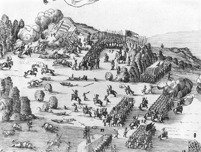 Veduta generale della battaglia di Muhlberg, dettaglio, 24 aprile 1547 da German School